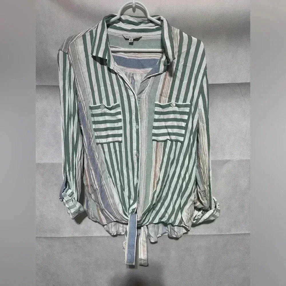 John Mark Womens Striped Tie Front Button Down Shirt Top Sz XL Roll Tab Sleeves